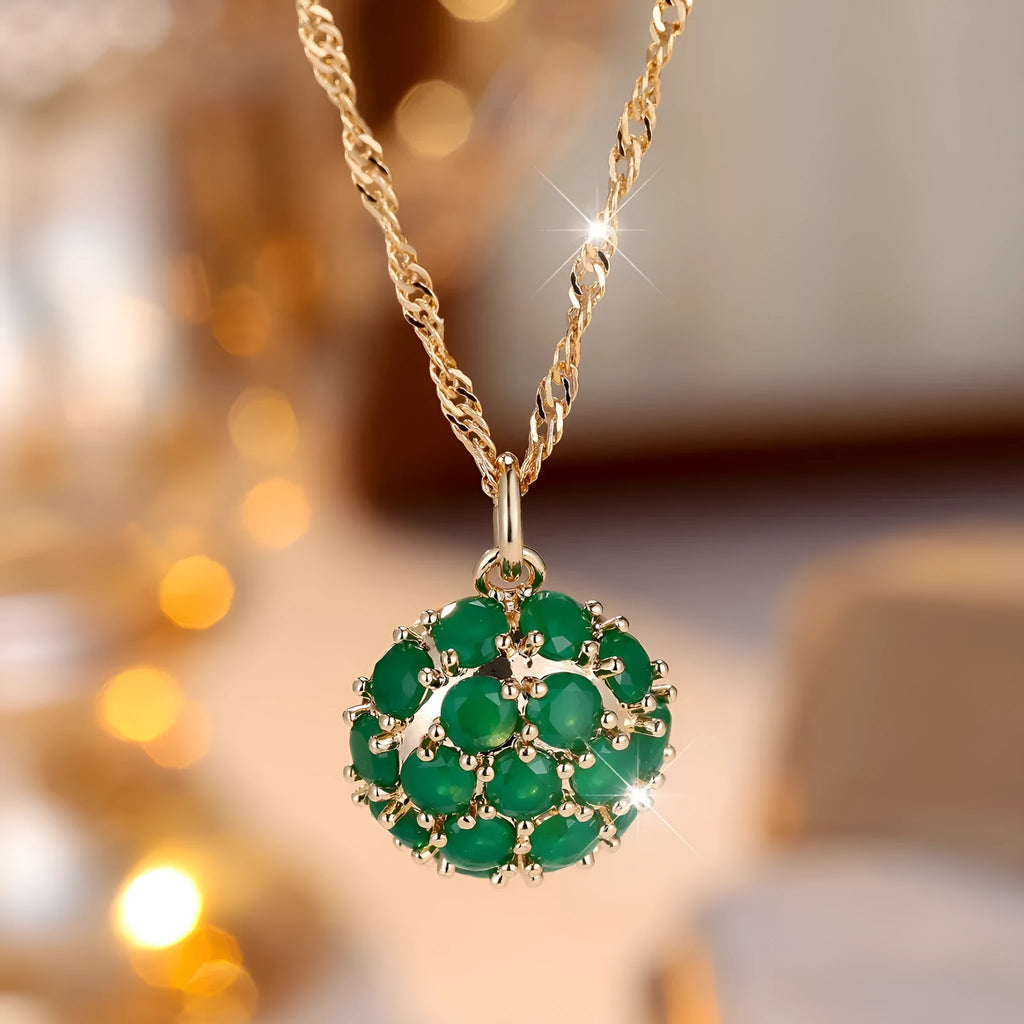 Women's round emerald diamond geometric pendant necklace with champagne gold chain