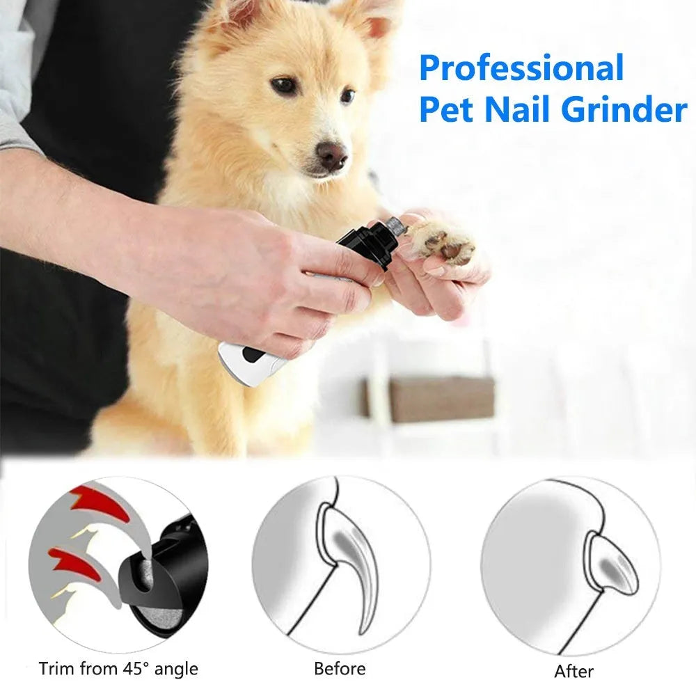 Electric dog nail grinder with LCD screen, LED lights, and dust collection bin on a white background.