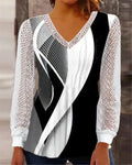 Purple V-neck loose top with hollow-out lace pattern and long sleeves