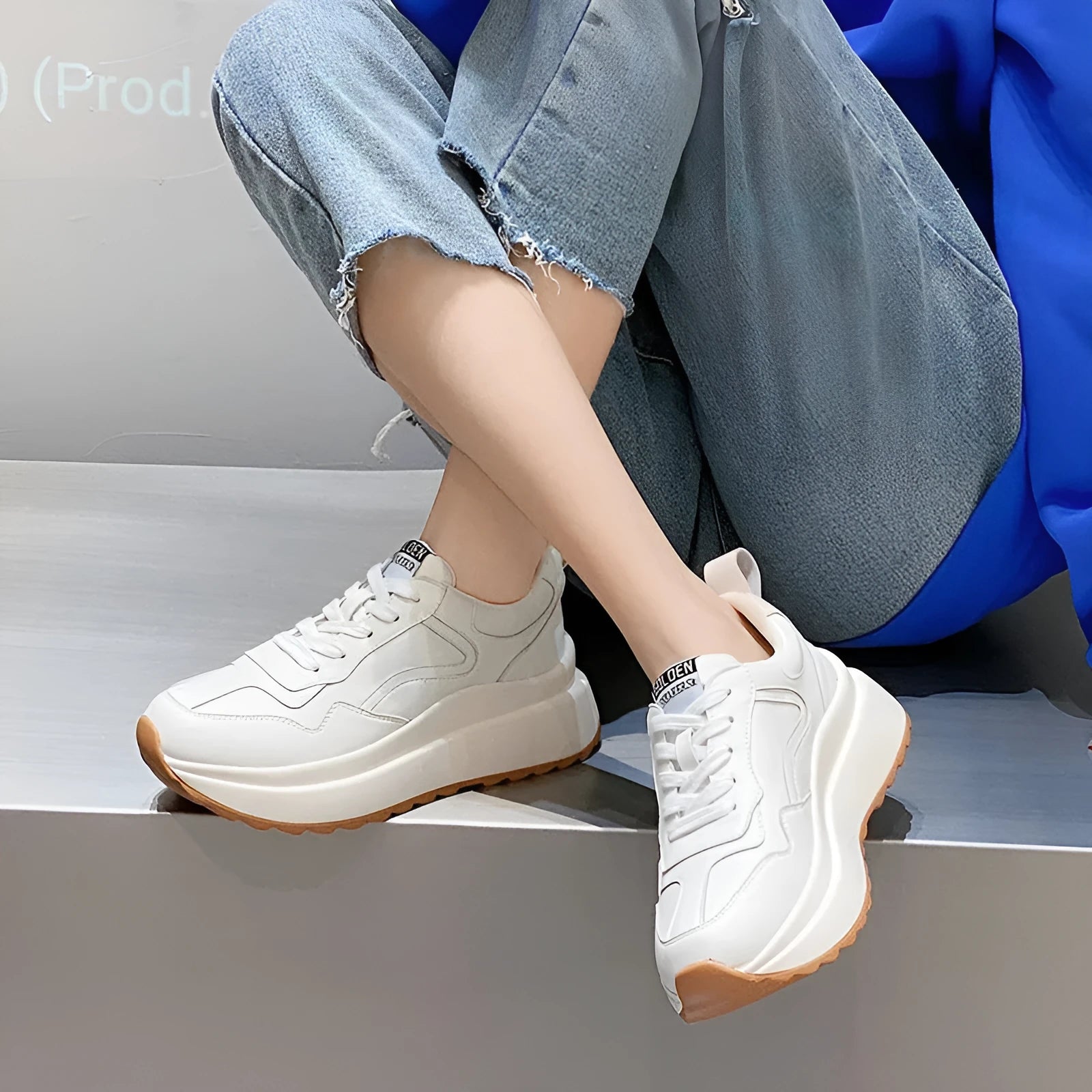 Women's white cowhide leather casual sports shoes with round toe, cross strap, and English muffin heel