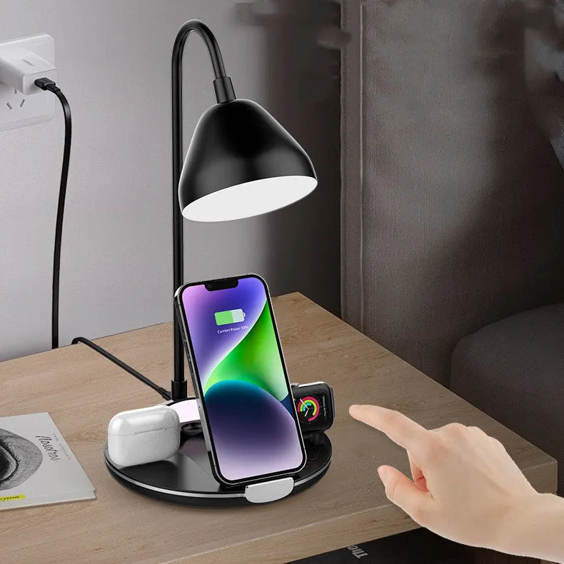 Black and white magnetic folding wireless charger with USB cable showing folded and upright positions