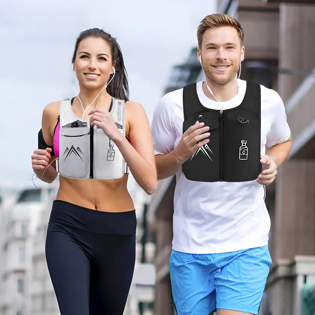 Classic black sports running vest with a front mesh phone pocket, shown on a model.