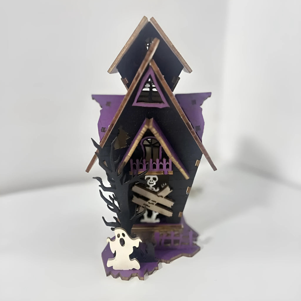 DIY wooden Halloween haunted house decoration kit with luminous design, shown with dimensions 14cm wide by 19cm high.