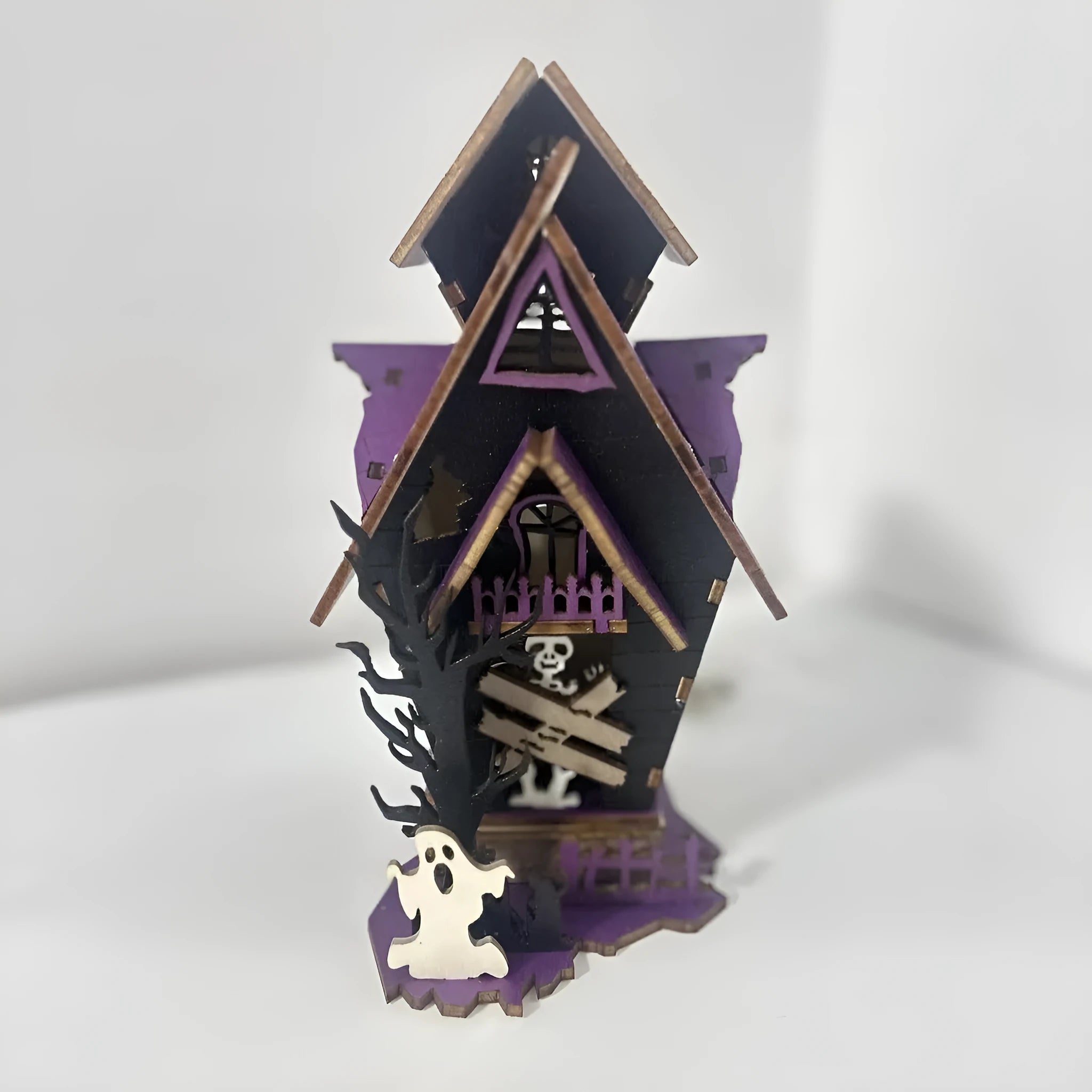 DIY wooden Halloween haunted house decoration kit with luminous design, shown with dimensions 14cm wide by 19cm high.