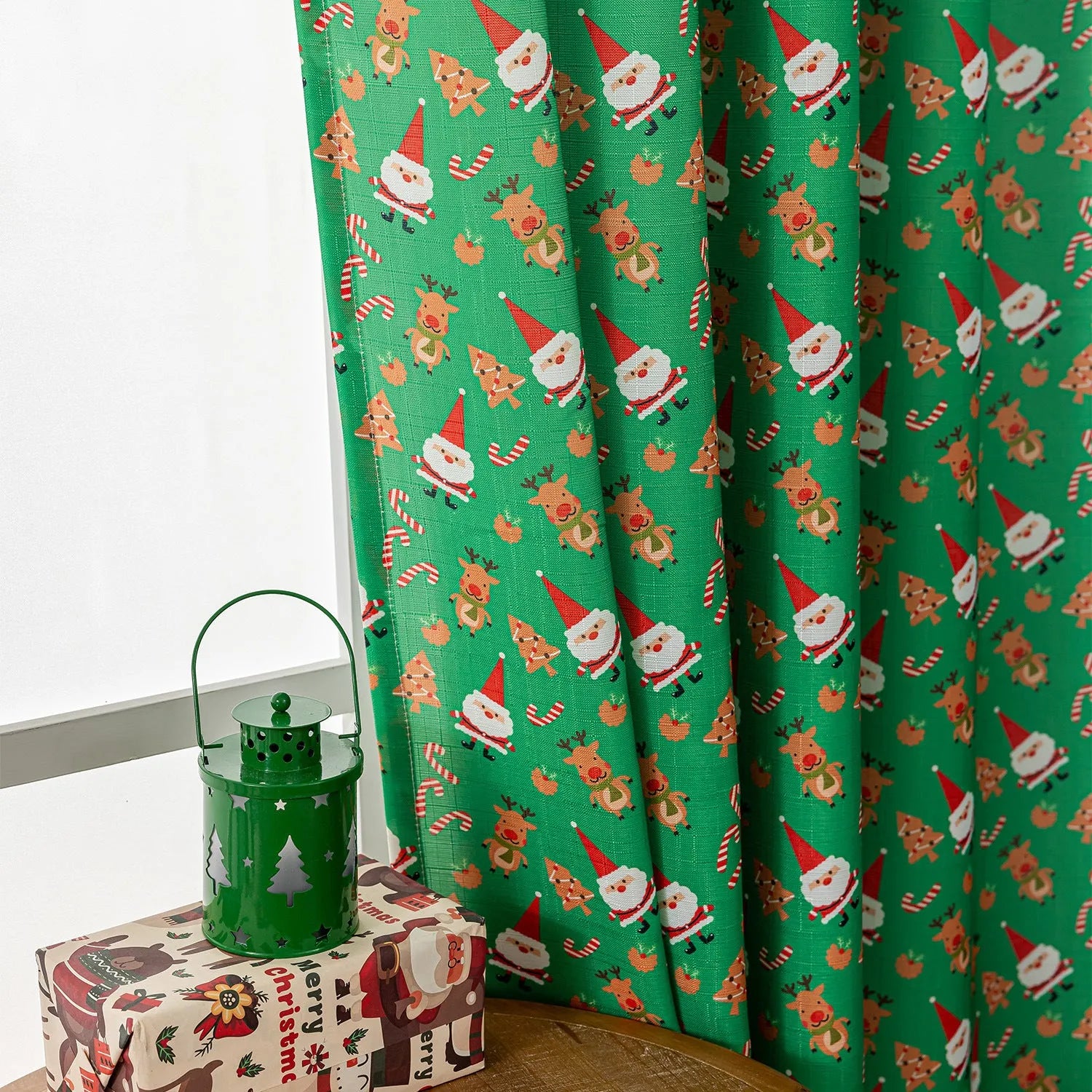Green Christmas curtain with printed snowman angel cartoon pattern for living room decoration