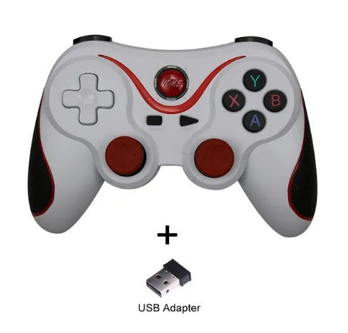 Upgraded X3 Bluetooth wireless game controller for Android phones in black or white, shown with a mobile phone clip accessory.