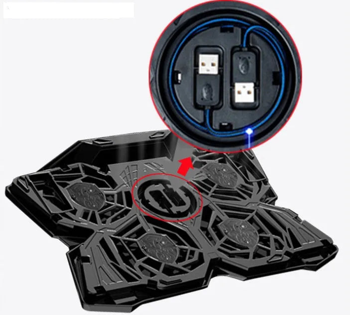 Blue laptop cooling base with four LED fans and USB ports for computer heat dissipation