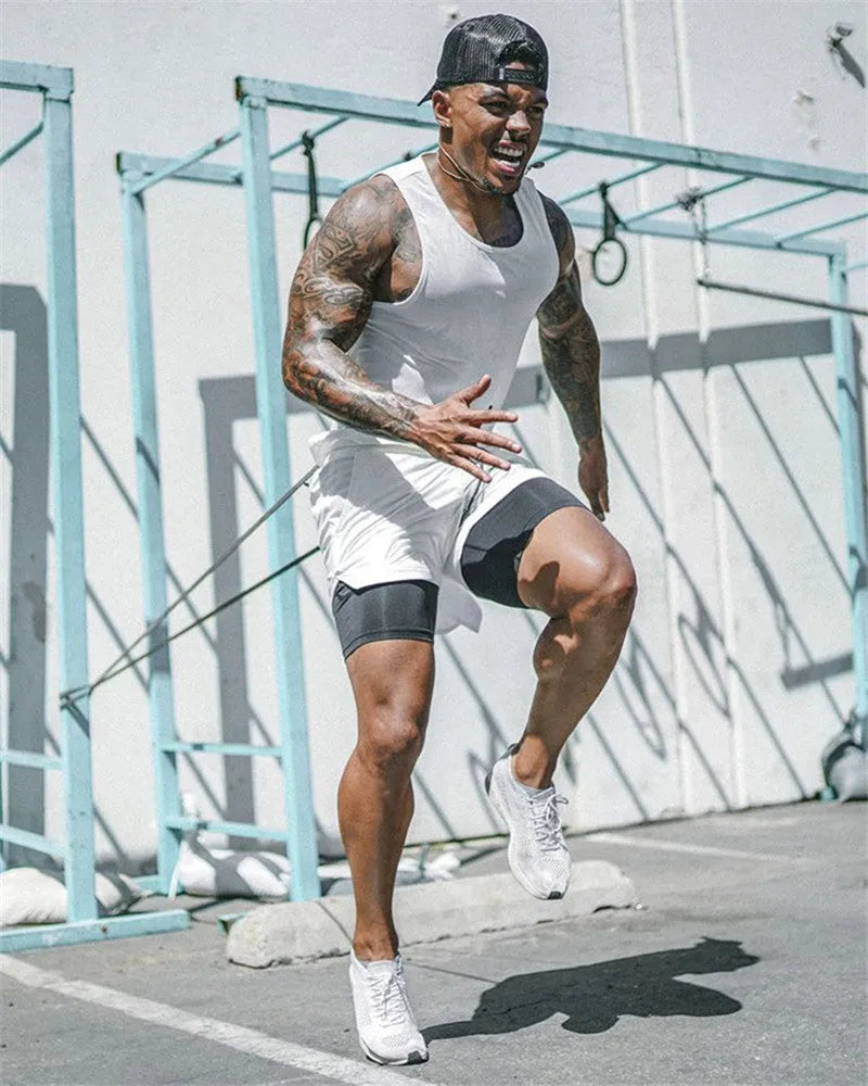 Men's 2 in 1 mesh running shorts in army green, blue, black, camo, red, white, and yellow, sizes S to 3XL