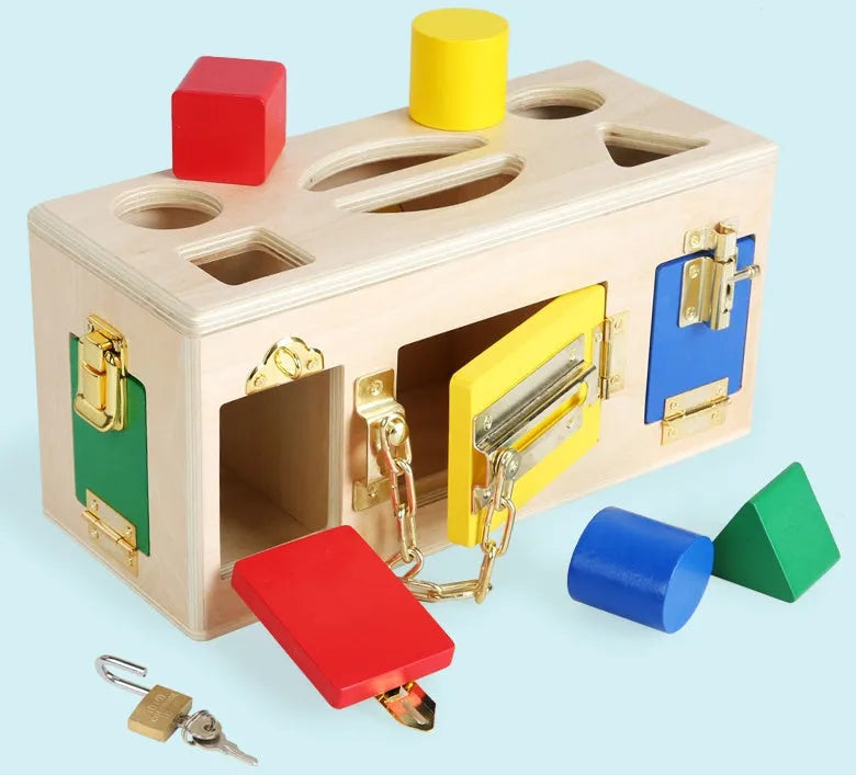 Wooden educational shape lock box toy with 12 pieces for preschool children
