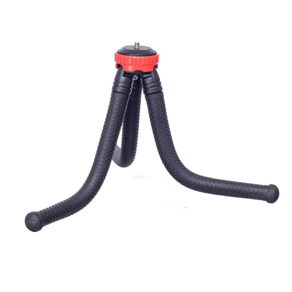 Black octopus tripod with flexible legs and spherical gimbal ball head for cameras and smartphones