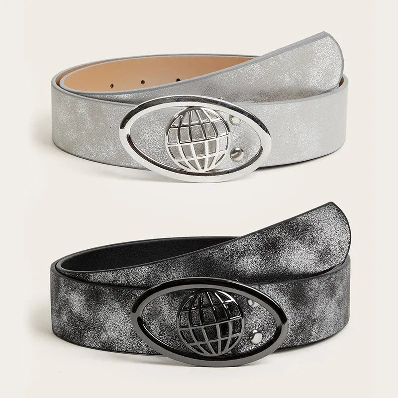 Retro women's belt with an oval alloy buckle on a thick earth-tone PU leather strap.