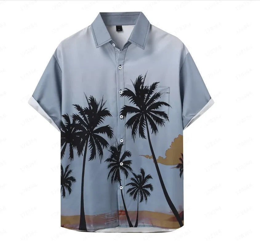 Man wearing a short-sleeved Hawaiian shirt with colourful 3D printed patterns.