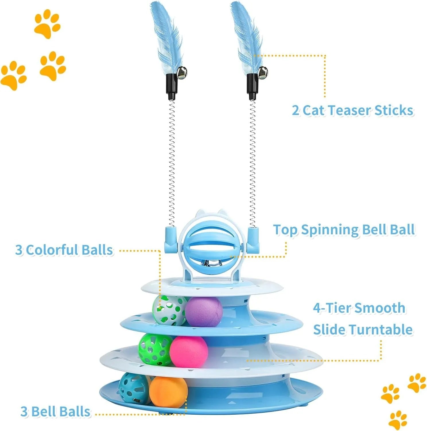 Blue 4-tier interactive cat toy carousel with balls and teasing rods