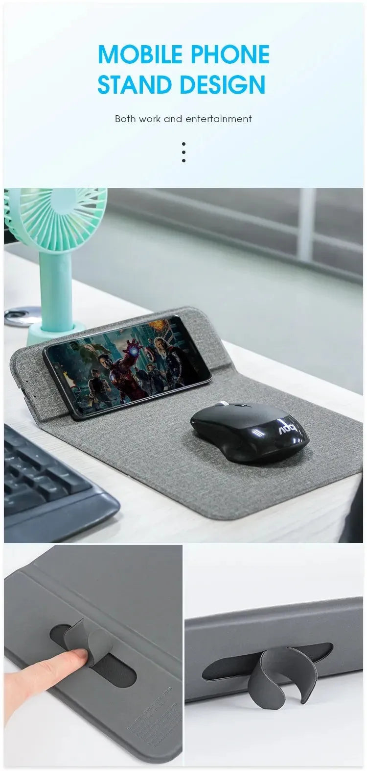Black foldable fabric wireless charging phone holder standing upright on a desk.