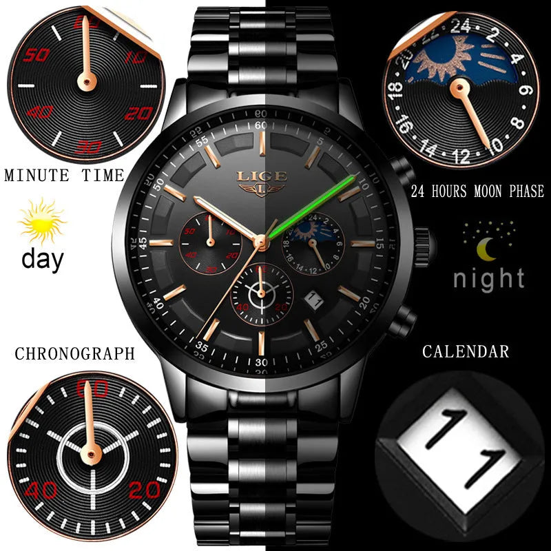 Men's black and rose red gold waterproof quartz sports watch with business styling and 12mm case