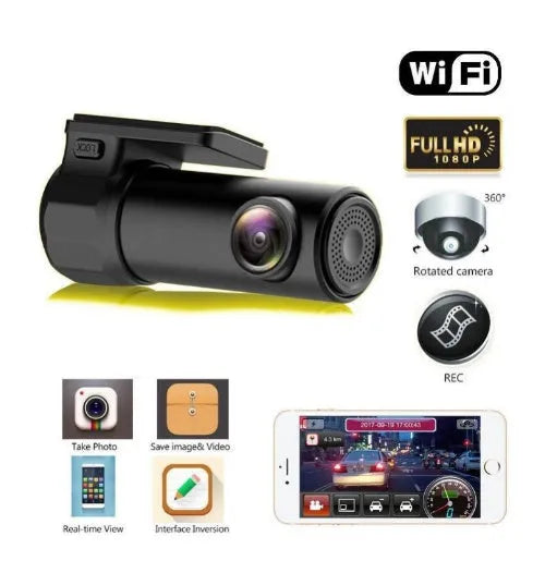 Black mini WiFi car DVR camera with 1080P video, G-sensor and app monitor for Android or iPhone