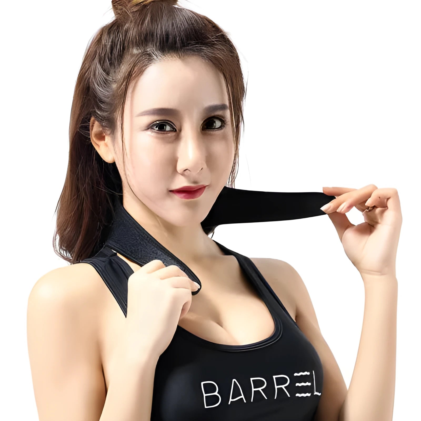 Black self-heating magnetic therapy neck guard with adjustable shoulder strap shown flat.