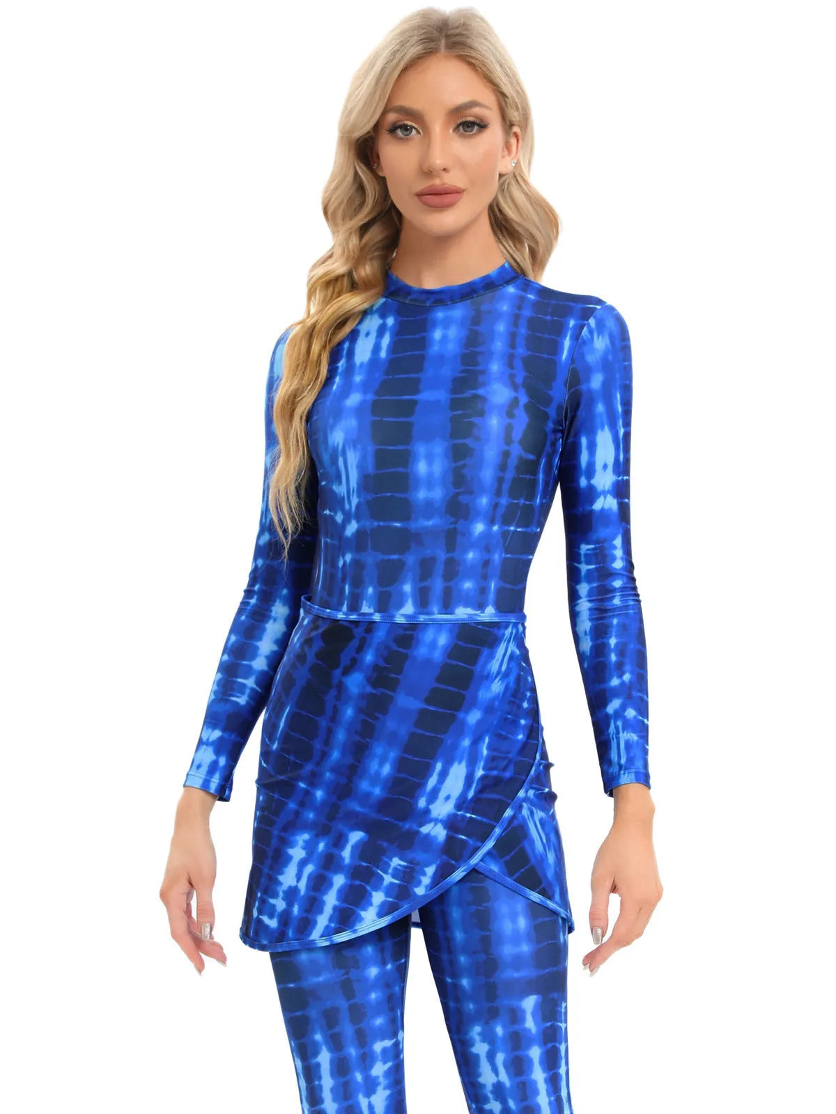 Conservative Muslim swimsuit three-piece set with apron in blue, white, or light green colour options.