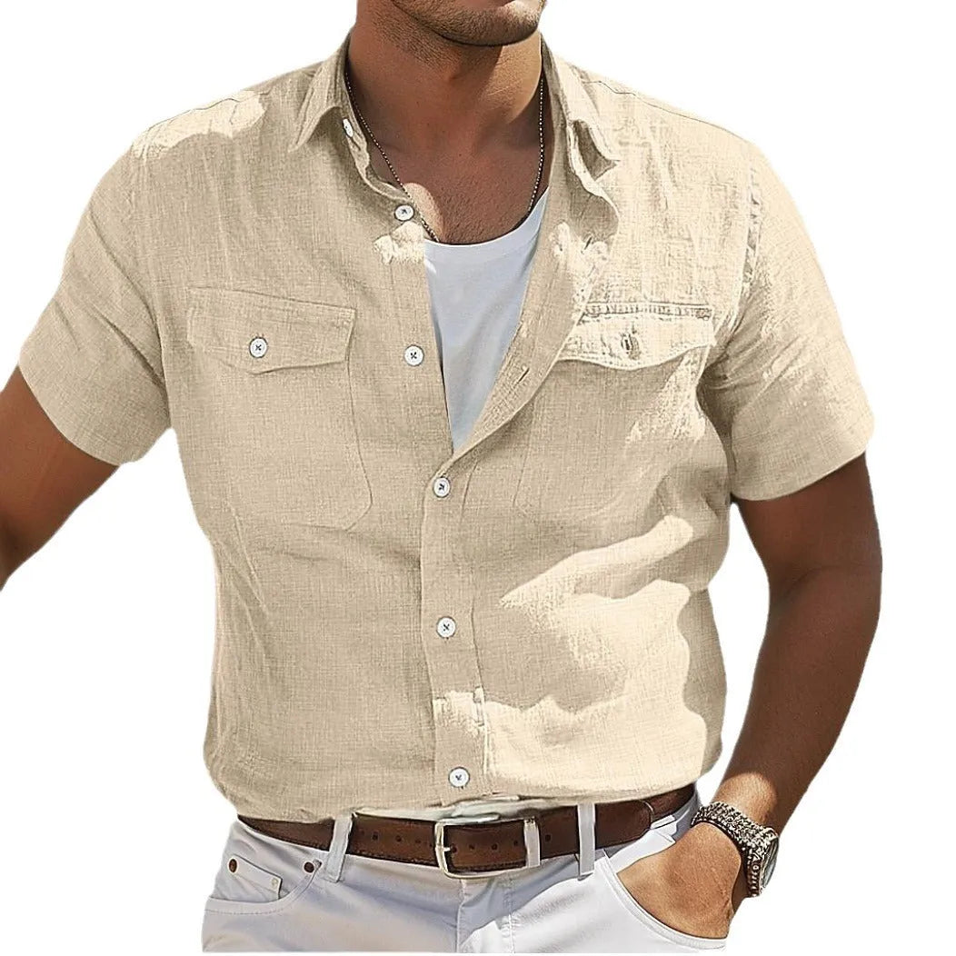 Men's loose cotton cardigan shirt with polo collar and long sleeves in solid colour