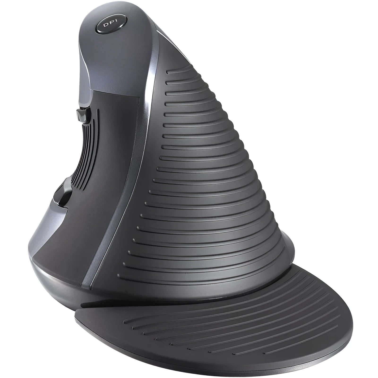 Black M618 wireless vertical ergonomic mouse on a desk, showing its 57-degree angled design and contoured right-hand shape.