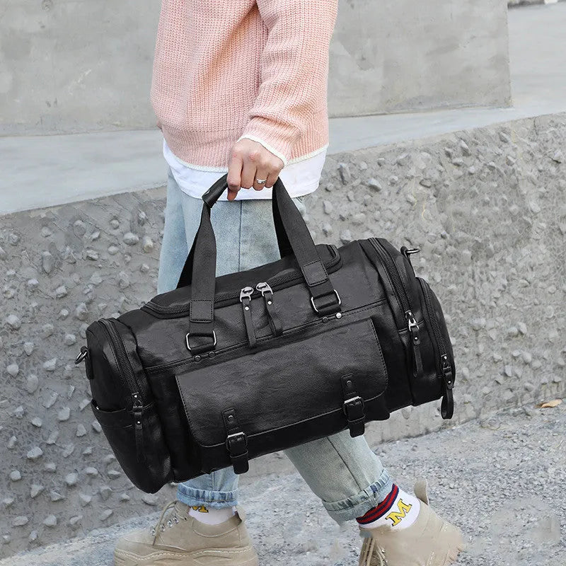 Black large capacity PU fabric travel shoe bag for luggage organisation.