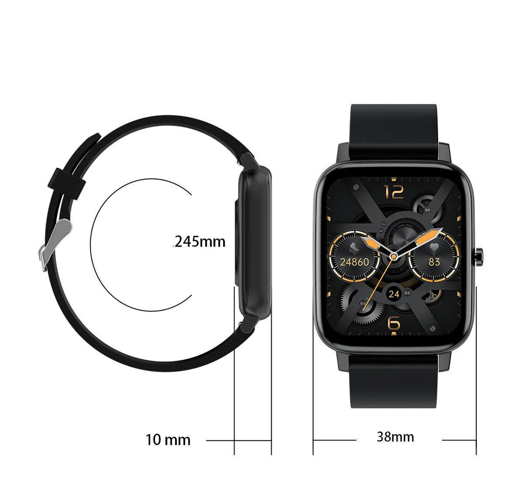 H80 smartwatch in black on a wrist, showing a heart rate graph on its 1.69-inch spherical glass screen.