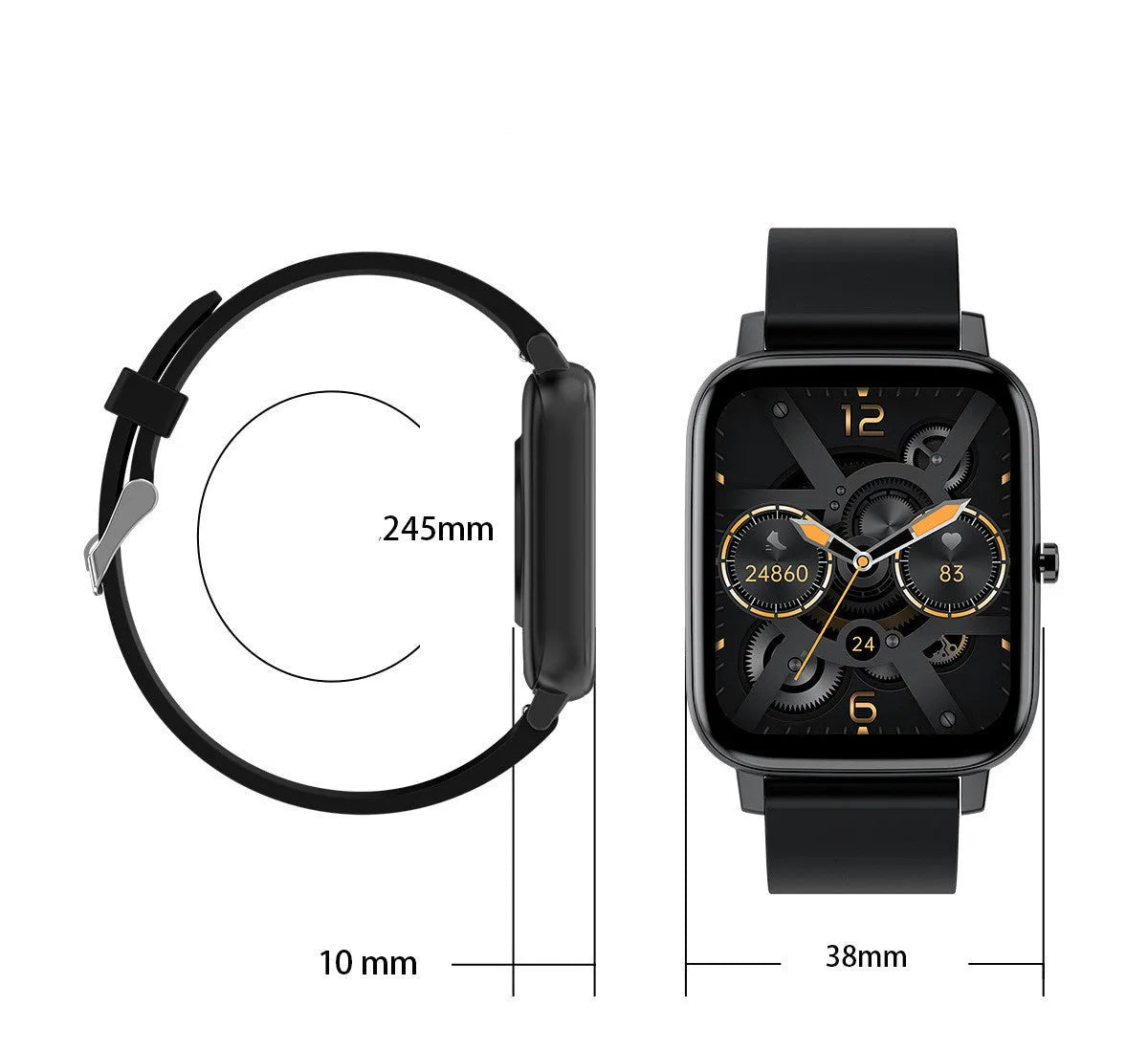 H80 smartwatch in black on a wrist, showing a heart rate graph on its 1.69-inch spherical glass screen.