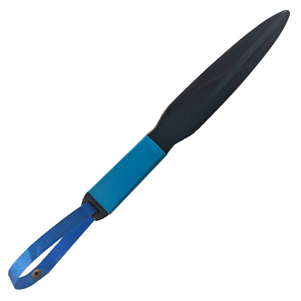 Blue handled nylon dog break stick for training, shown next to a measuring tape indicating 35 cm length.