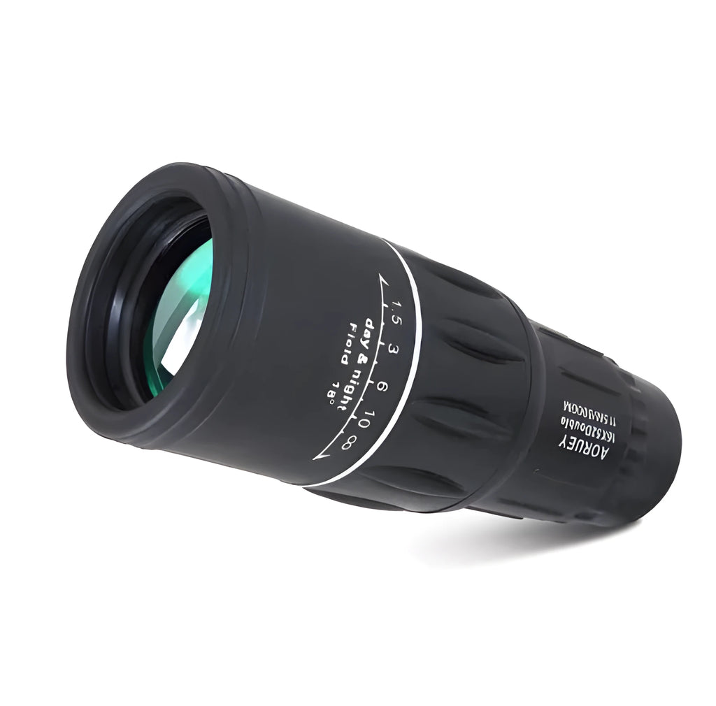 Black 16x52 monocular with 52mm objective lens and eyepiece adjustment