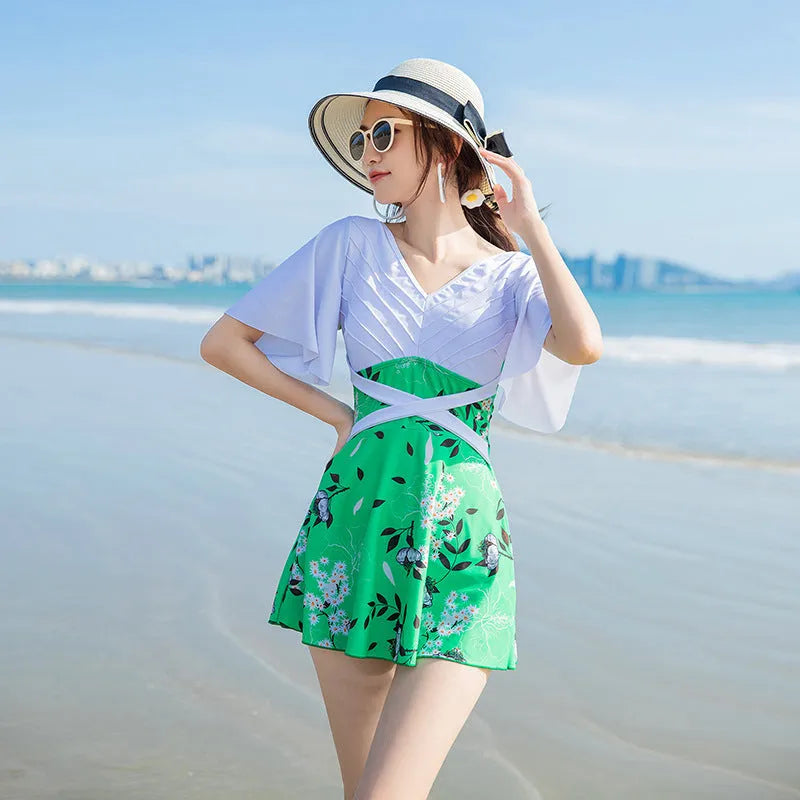 Women's green and blue printed chemical fibre one-piece swimsuit showing front design