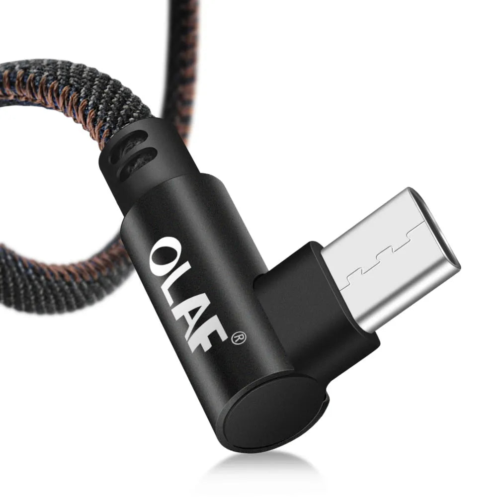 Denim fabric fast charging USB cable with aluminium connectors in black, blue, and red for Android and Type C phones.
