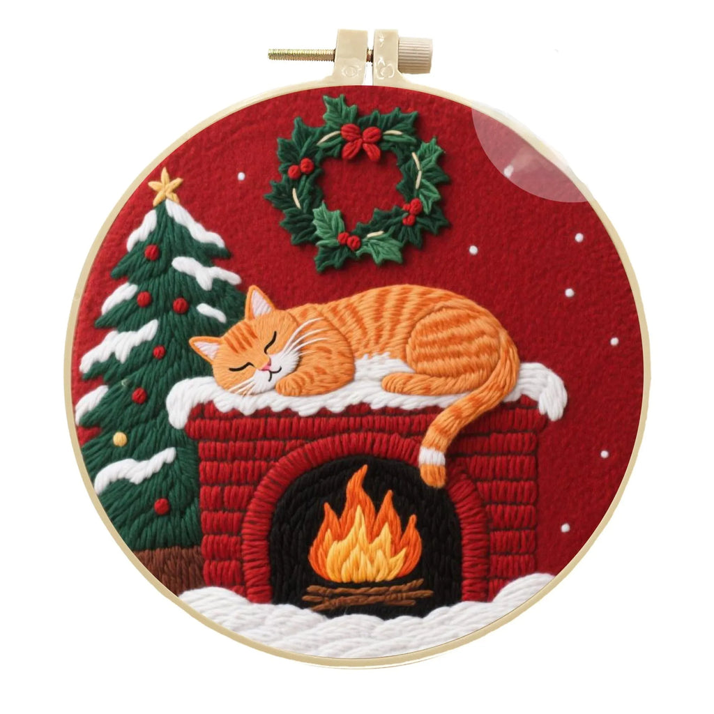Embroidery material kit with autumn fruit and cat design on cotton linen fabric