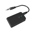 Black Bluetooth 5.0 audio adapter with 3.5mm AUX plug and external power supply cable.
