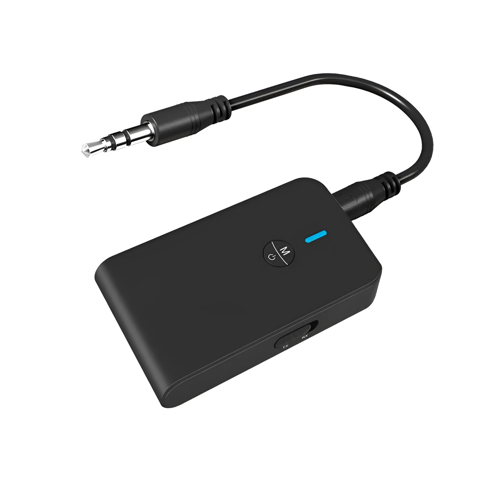 Black Bluetooth 5.0 audio adapter with 3.5mm AUX plug and external power supply cable.