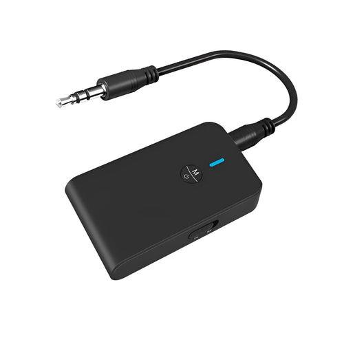 Black Bluetooth 5.0 audio adapter with 3.5mm AUX plug and external power supply cable.