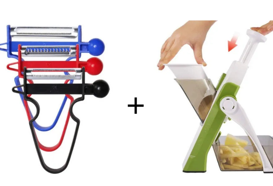 White and blue multifunctional vegetable slicer with stainless steel blades on a kitchen counter.