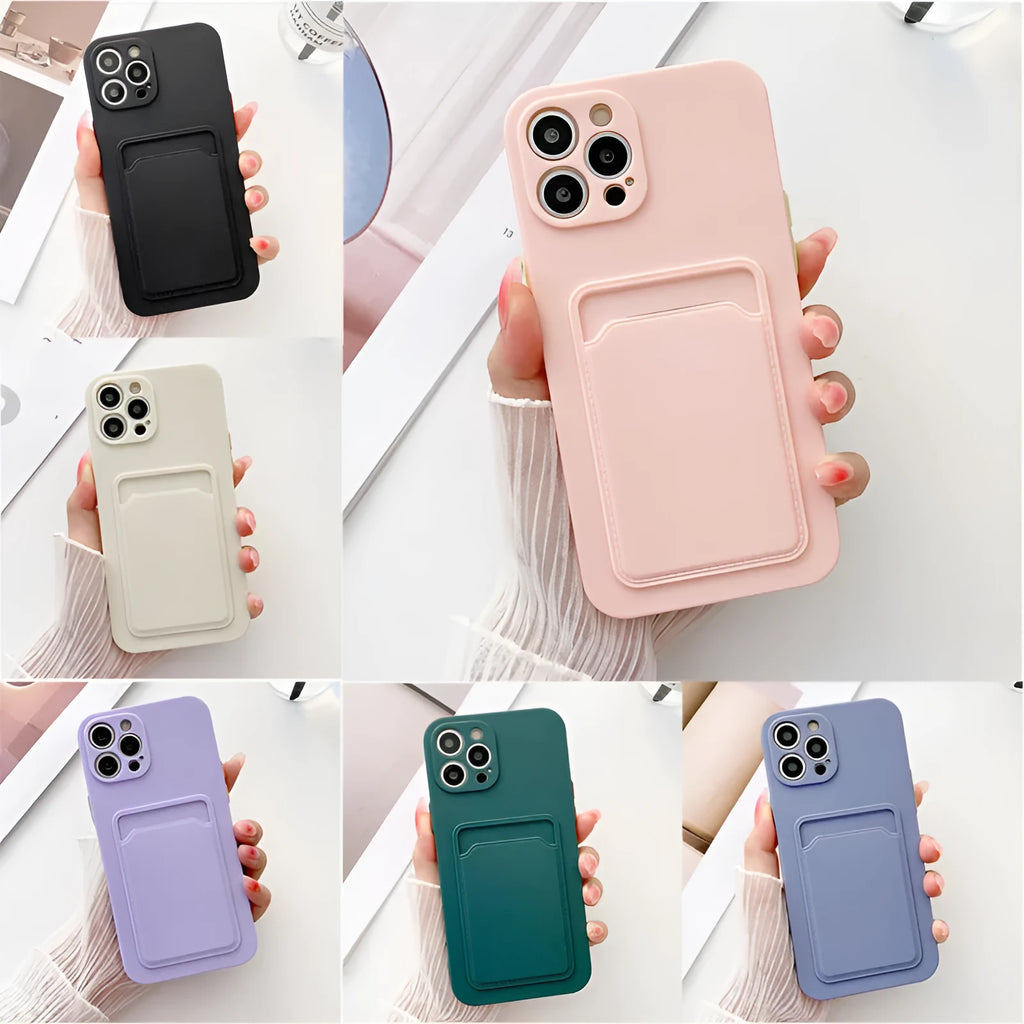 TPU card slot phone case for Apple iPhone in black with card inserted in rear slot