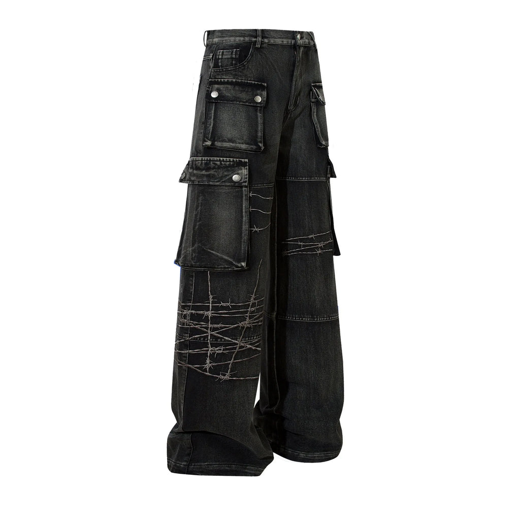 Men's black cotton loose-fitting wide-leg trousers with mid waist design