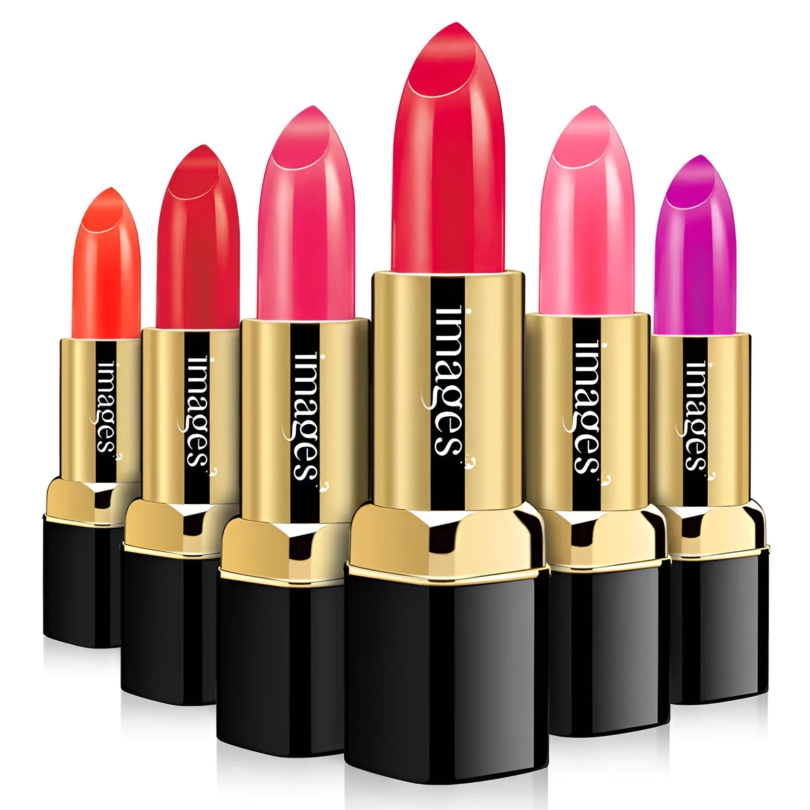 Moisturising lip gloss lipstick bullet in ten colours including red, pink, orange and purple.