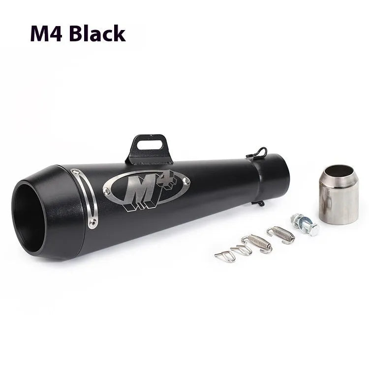 M4 universal motorcycle exhaust pipe in black finish, showing mounting hardware for large displacement bikes.