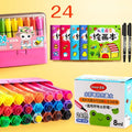 Set of washable painting brushes with hexagonal wooden handles in blue, pink and yellow.