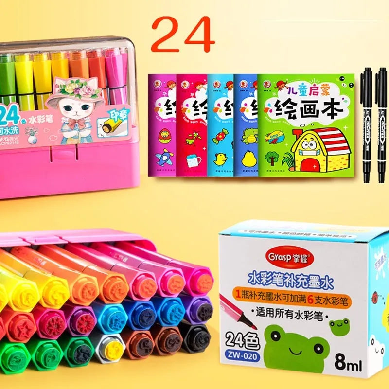 Set of washable painting brushes with hexagonal wooden handles in blue, pink and yellow.