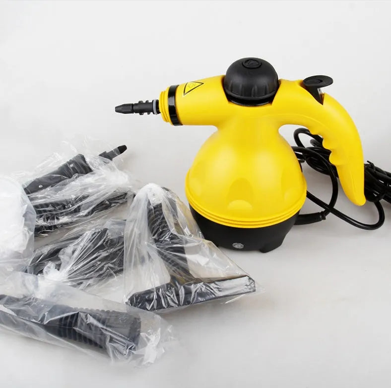 Yellow handheld steam cleaner with 450ml liner on a kitchen surface, 26x21cm size