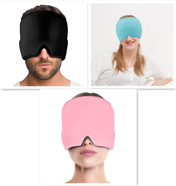 Black elastic cloth cooling gel eye mask for headache relief showing adjustable fit