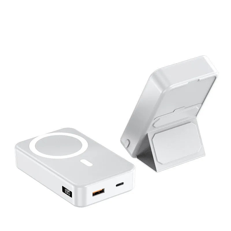 Magnetic wireless charging power bank with folding bracket showing capacity options and colour variations