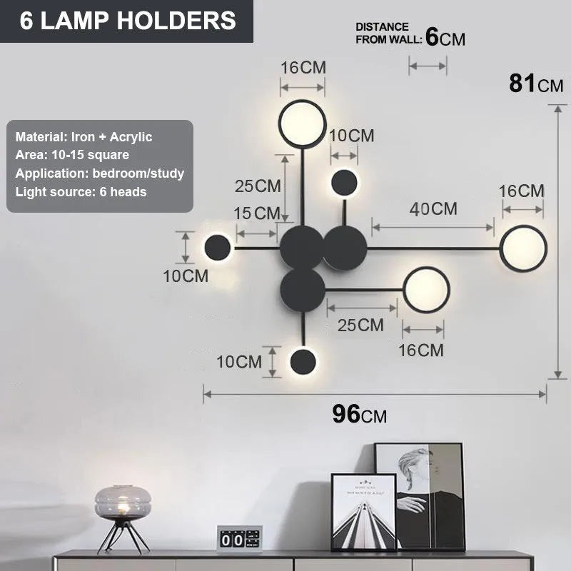 Contracted 6-head wall lamp in black finish, 54W, 96.5cm length, iron and acrylic