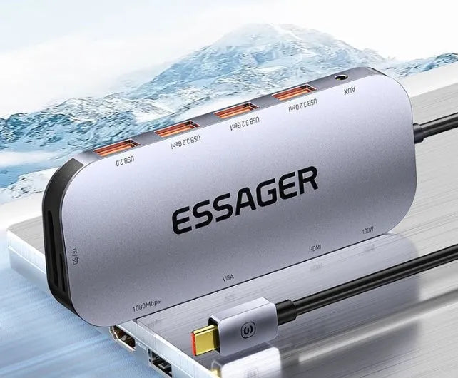 11-in-1 aluminium USB-C expansion dock with a 20cm cable, showing Ethernet, HDMI, USB, and card reader ports.