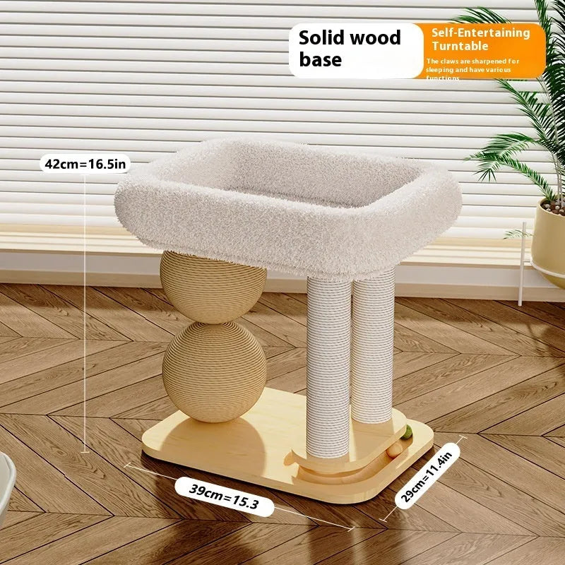 Solid pine wood cat house with two sisal rope scratching posts and a large enclosed sleeping compartment