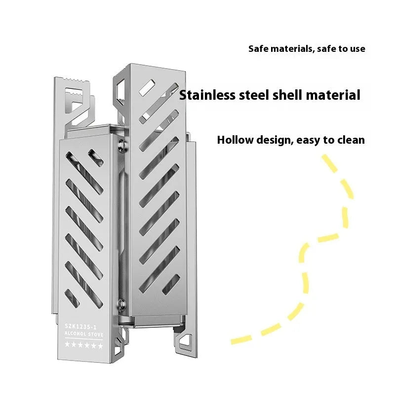 Hexagon-shaped foldable alcohol camping stove in black or silver measuring 9.5x8.5x15cm