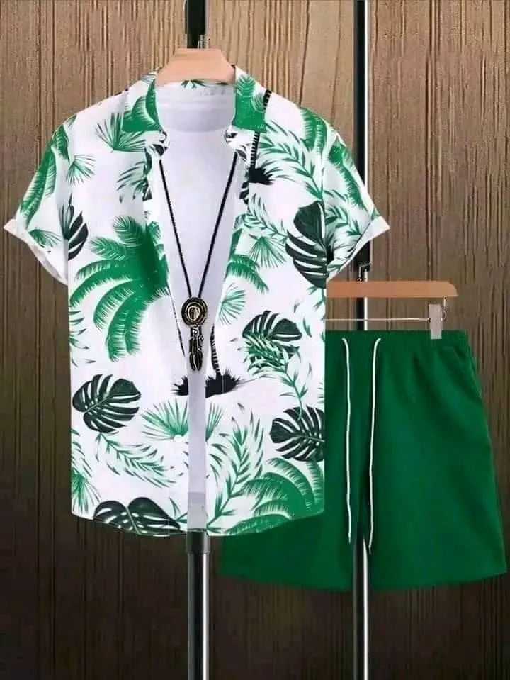 Men's beach shirt suit with short sleeves and matching shorts in polyester fabric
